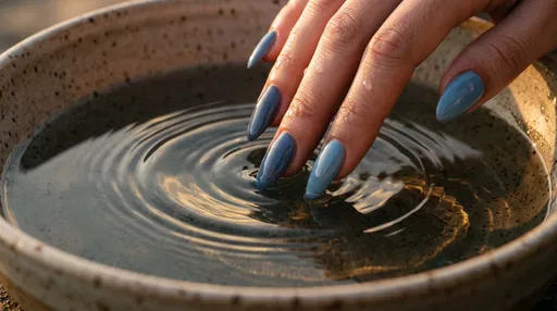 Blue Manicured Fingers Touching Water Basin