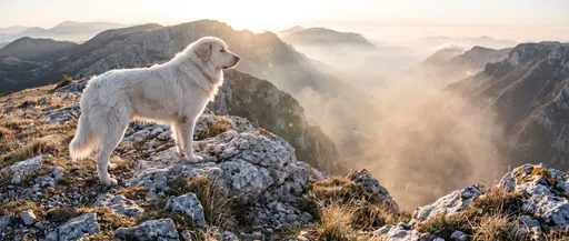 Great Pyrenees Standing on Misty Mountain Ridge