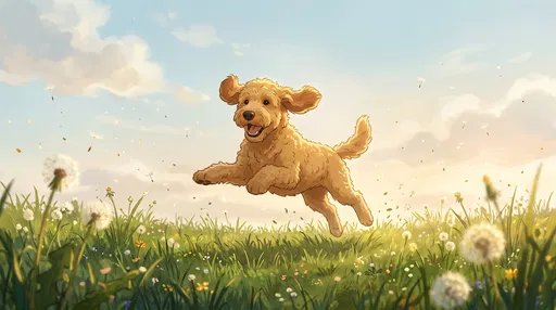 Happy Golden Doodle Leaping in Meadow
