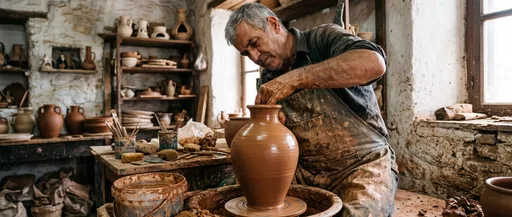 Senior Potter Shaping Clay Vase in Workshop