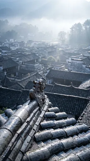 Traditional Chinese Roof Overlooking Misty Village