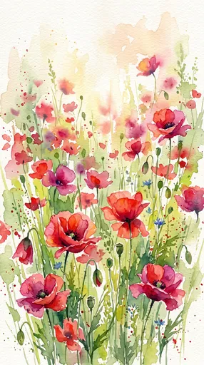 Watercolor Red and Pink Poppy Meadow