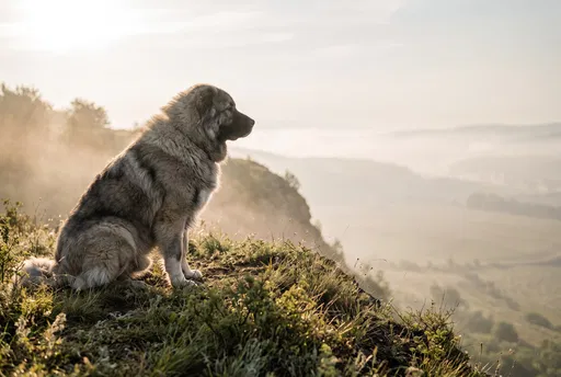 Caucasian Shepherd Sitting on Misty Ridge