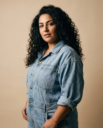 Portrait of Woman in Denim Jumpsuit