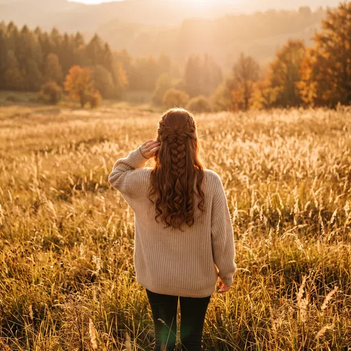 Woman With Braided Auburn Hair In Meadow