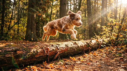 Aussiedoodle Leaping Over Autumn Forest Log