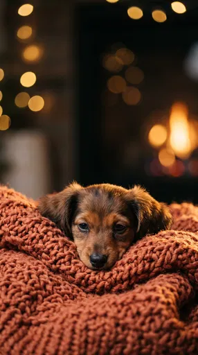 Dachshund Puppy in Terracotta Knit Blanket