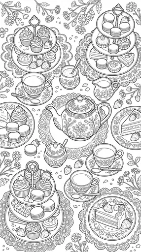 Whimsical Tea Party Coloring Page Illustration