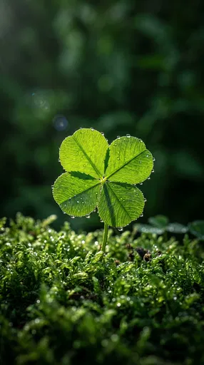 Backlit Four-Leaf Clover on Moss