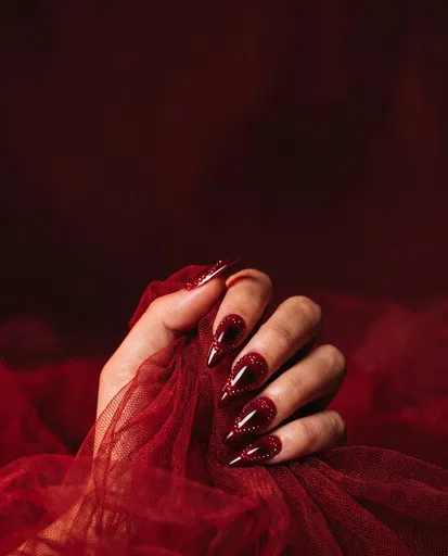 Hand With Red Stiletto Nails Holding Tulle