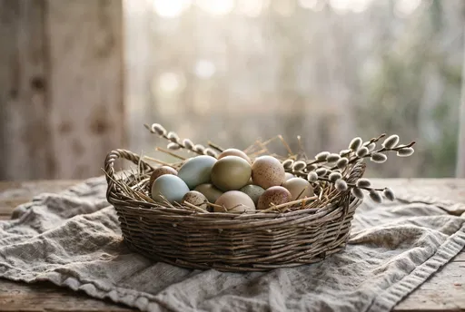 Rustic Basket With Speckled Eggs and Willow