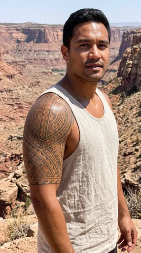 Man With Polynesian Tattoo in Canyon