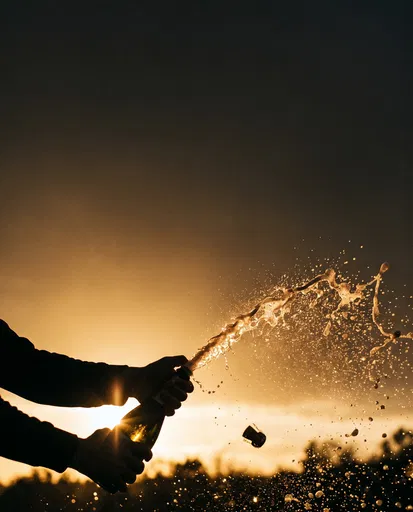 Silhouetted Hands Popping Champagne at Dusk