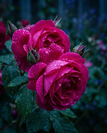 Rain-Soaked Fuchsia Roses at Twilight
