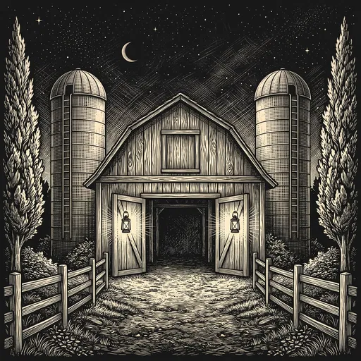 Vintage Scratchboard Barn at Night