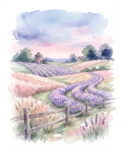 Watercolor Lavender Farmland Clipart Illustration