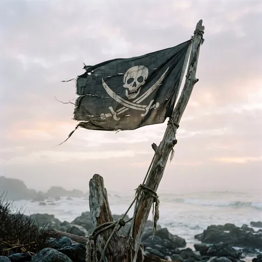 Weathered Pirate Flag on Driftwood Mast