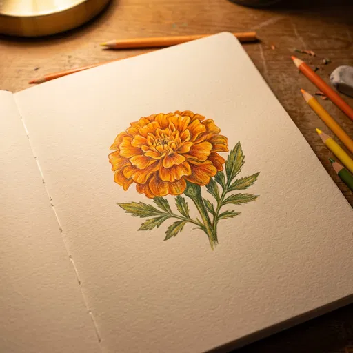 Colored Pencil Marigold Drawing in Sketchbook