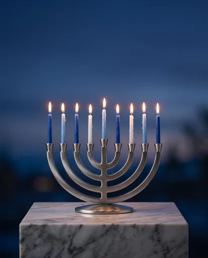 Silver Menorah With Lit Candles at Dusk