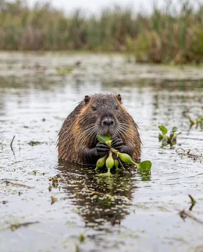 Wild Nutria Eating Water Hyacinth
