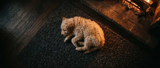 Goldendoodle Puppy Sleeping by Fireplace