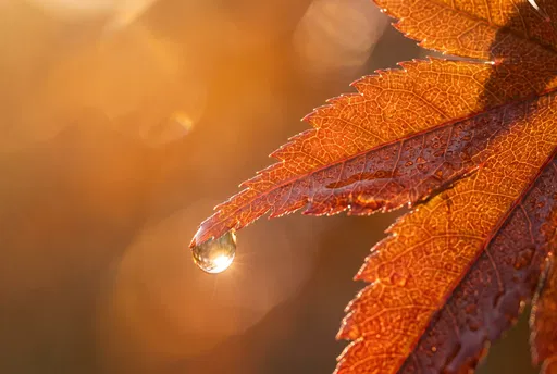 Backlit Autumn Maple Leaf With Water Droplet