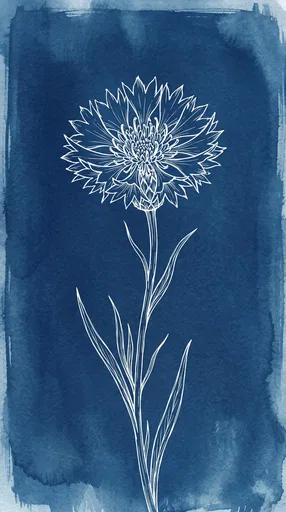 White Line Cornflower on Blue Cyanotype Background