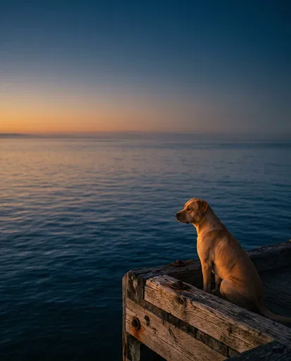 Yellow Dog Sitting on Coastal Pier at Dusk