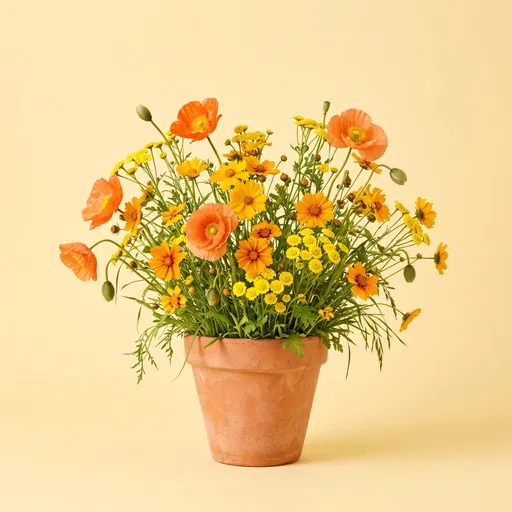 Orange and Yellow Wildflowers in Terracotta Pot