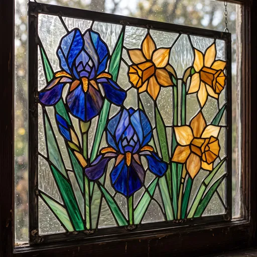 Stained Glass Iris and Daffodil Panel