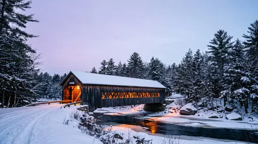Snowy Wooden Covered Bridge at Twilight