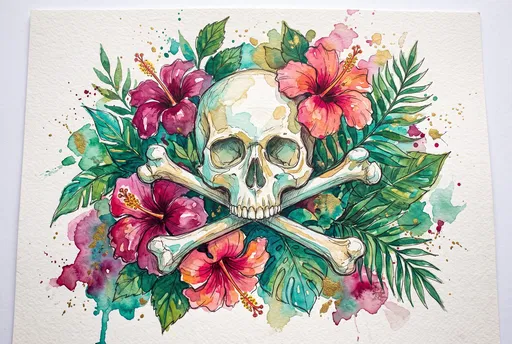 Watercolor Skull and Tropical Hibiscus Illustration