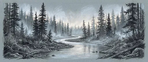 Charcoal Drawing of Misty Boreal Forest River