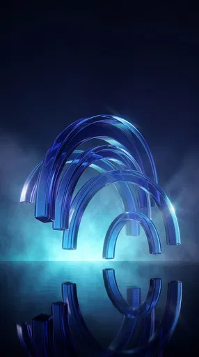 Abstract Blue Glass Arches Over Reflective Water