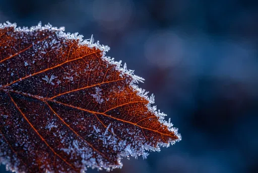 Macro Copper Leaf With Hoarfrost Crystals