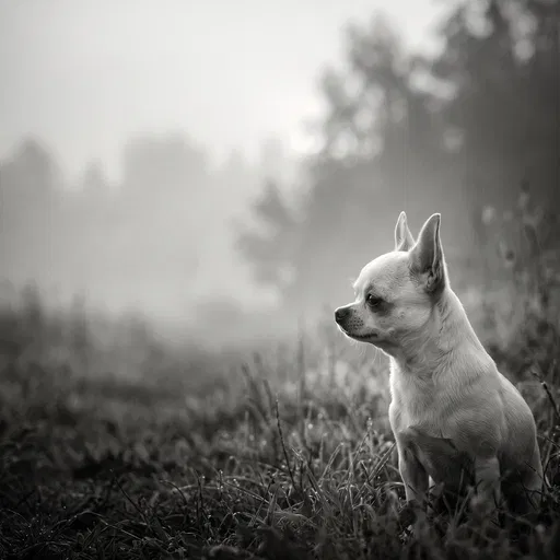 White Chihuahua in Misty Morning Meadow