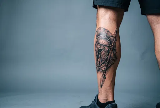 Spartan Helmet Tattoo on Man's Calf