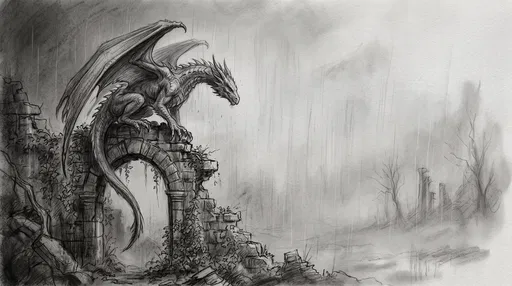 Charcoal Sketch of Dragon on Ruined Arch