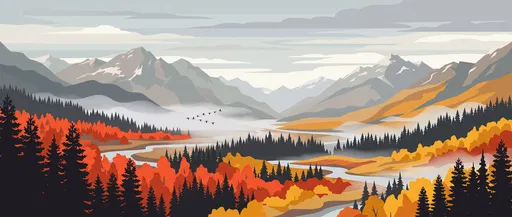 Autumn Mountain Valley Flat Vector Landscape