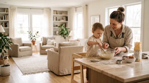 Mother and Toddler Baking at Kitchen Island