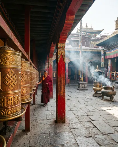 Monk Walking Past Golden Prayer Wheels