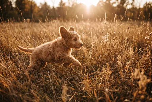 Fluffy Puppy Running in Golden Meadow