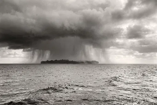 Monochrome Rain Squall Over Distant Island