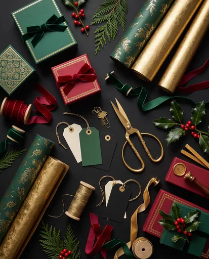 Luxury Holiday Gift Wrapping Flat Lay
