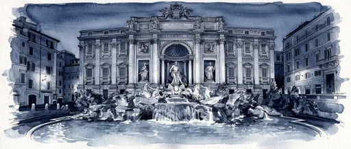 Indigo Watercolor Illustration of Trevi Fountain