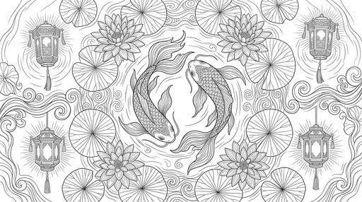 Koi Pond and Lanterns Coloring Page