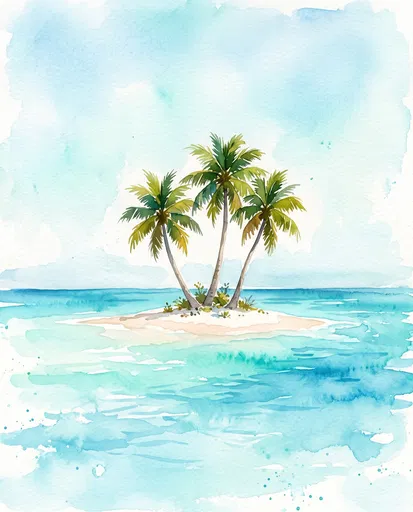 Watercolor Tropical Island With Three Palm Trees