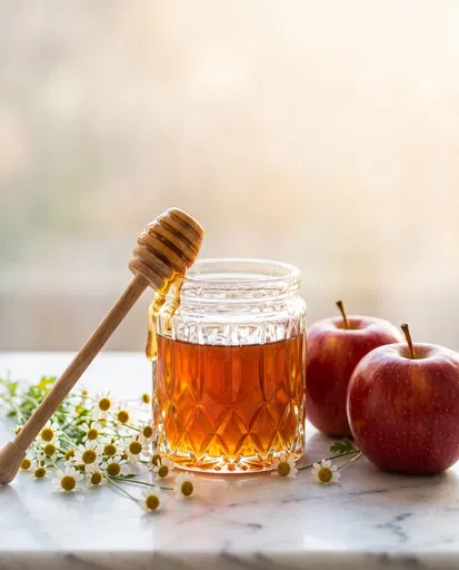Honey Jar With Apples and Flowers