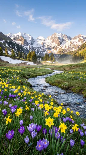 Spring Alpine Meadow With Stream and Flowers