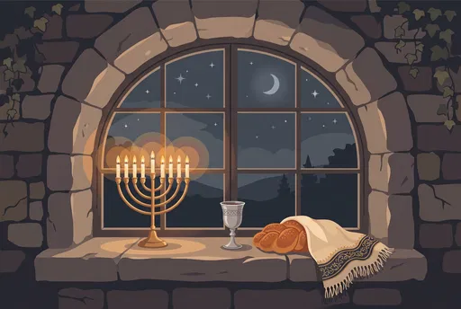 Hanukkiah and Challah on Stone Windowsill